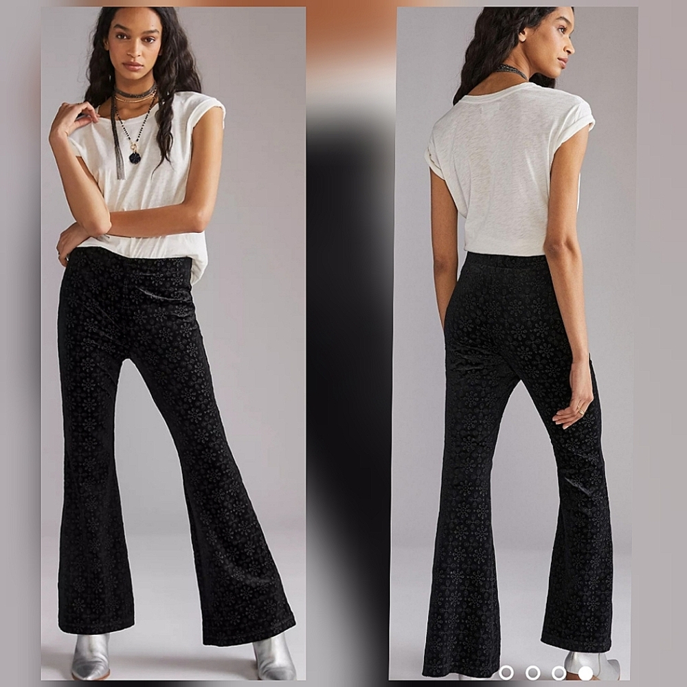 ANTHROPOLOGIE The Joni Velvet Eyelet Flare Pants black size Medium
